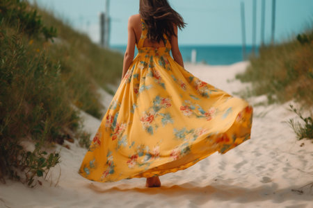 woman summer beautiful person sea lifestyle relax hippie beach fashion dress. Generative AI.の素材