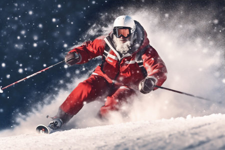 mountain snowboarder holiday sport ski winter skier santa snow christmas. Generative AI.の素材