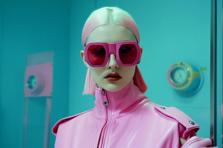 woman portrait latex background hat glasses colourful art surreal beauty fashion creative. Generative AI.の素材