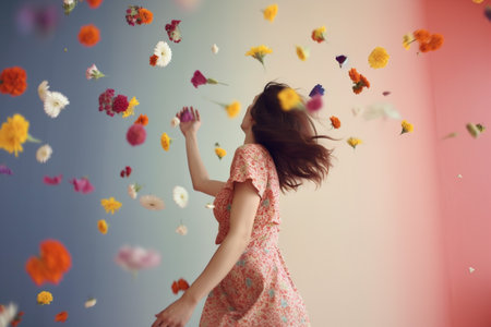 woman falling fashion colorful summer peony beauty flying flower spring art. Generative AI.の素材