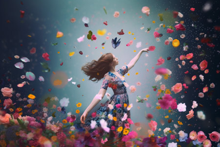peony woman fashion beauty flower flying spring falling portrait art colorful. Generative AI.の素材