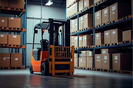 Forklift for moving items and boxes in a product warehouse, sorting and delivery technology machines. Generative AIの素材