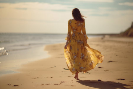 woman dress sea beautiful person fashion beach hippie happy lifestyle summer. Generative AI.の素材