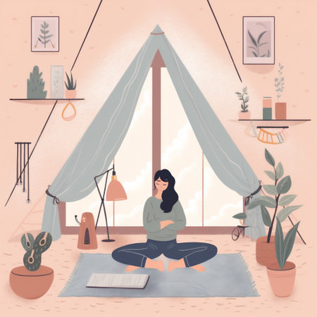 training dog woman sport wellness body yoga lifestyle cartoon fitness home. Generative AI.の素材