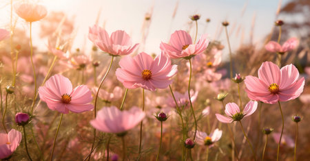 flower white beautiful pink blooming nature field violet meadow sunset background. Generative AI.の素材