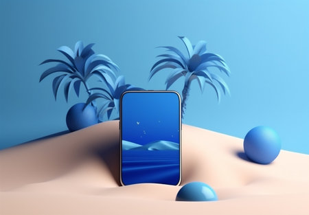 up palm mock phone summer sea concept creative cyber sand holiday. Generative AI.の素材