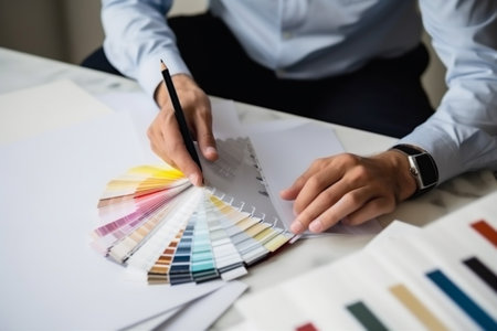 selection project decorator designer interior design sample color palette choice swatch. Generative AI.の素材