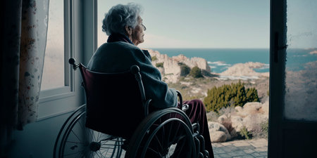 An elderly woman sits in a wheelchair in a nursing home and looks out the window at nature, breathes fresh air, loneliness. Generative AI.の素材