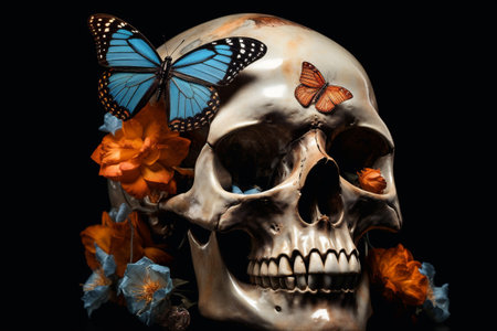 halloween art skeleton design butterfly flower illustration bone skull death. Generative AI.の素材
