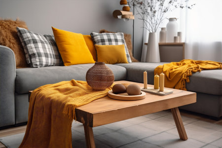 pillow cushion stylish decor interior house sofa modern grey home yellow. Generative AI.の素材