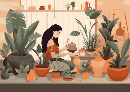 houseplant woman gardener indoor hobby entrepreneur flower florist pot botanist calm. Generative AI.の素材