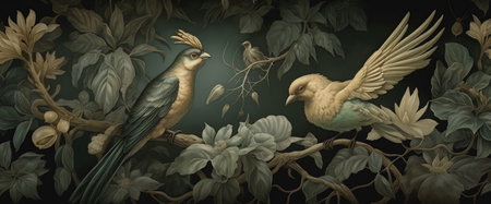 tropical jungle wallpaper nature palm exotic leaf art flower bird. Generative AI.の素材