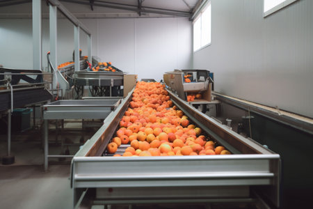 food factory harvest production citrus fruit orange processing process conveyor. Generative AI.の素材