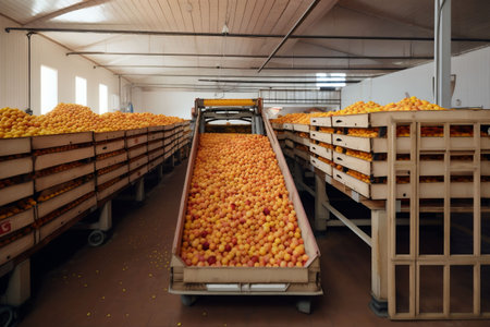 conveyor fruit processing factory citrus production harvest food process orange. Generative AI.の素材