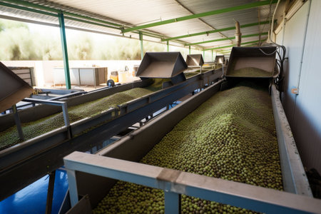 organic machinery process olive factory production food green oil agriculture. Generative AI.の素材