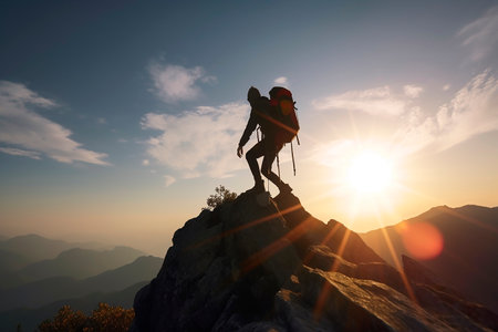 A man standing on top of a mountain hiking with backpacks in the sunset sunlight, a view of a beautiful landscape from above, a climber climbing a mountain with equipment silhouette. Generative AI.の素材