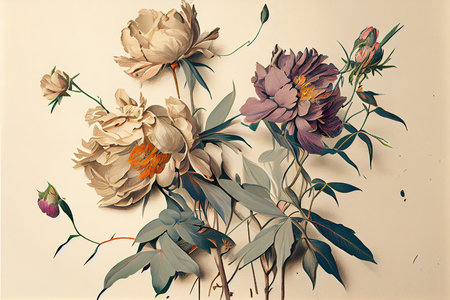 Wilted peony flowers on beige isolated background, stylish modern retro flower concept for mockup and poster, copy space, space for text, modern colors. Generative AIの素材