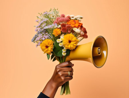 Bullhorn woman flowers yellow loudspeaker announce speech hand megaphone message day loud communicationの素材