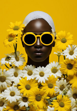 Yellow african modern fashionable colorful adult model trendy glasses flower sunglasses portraitの素材