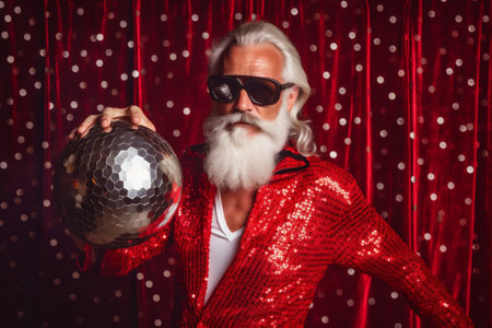 man celebration christmas costume red trendy glasses holiday santa party fun. Generative AI.の素材