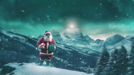 holiday sky night winter santa christmas mountain snow nature costume. Generative AI.の素材
