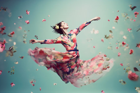 young woman spring art flying flower peony falling colorful fashion beauty. Generative AI.の素材