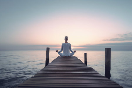 woman pose yoga young ocean lotus summer lifestyle sea pier nature fitness. Generative AI.の素材