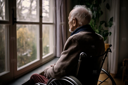 An elderly man sits in a wheelchair in a nursing home and looks out the window at nature, breathes fresh air, loneliness. Generative AI.の素材