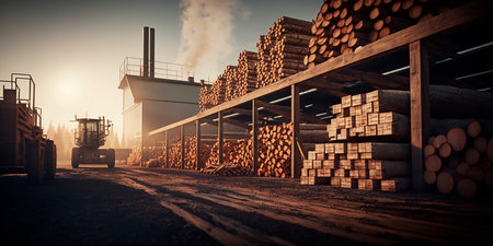 Open-air woodworking facility with loading machines for fresh wood, wood for construction and furniture, wood machinery. Generative AIの素材