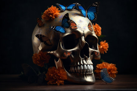 bone art illustration skull death flower butterfly design skeleton halloween. Generative AI.の素材