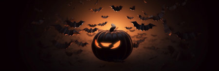 table mystery bat glowing pumpkin halloween blue night horror fear background. Generative AI.の素材