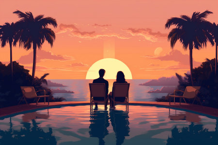 honeymoon romantic travel back couple sunset relax vacation swimming pool. Generative AI.の素材