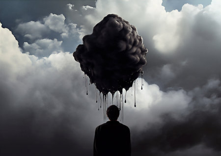 woman man poster dream drama creative cloud idea flows dramatic black concept. Generative AI.の素材