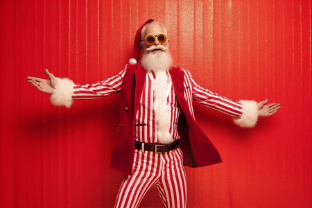 man celebration cool holiday trendy glasses fun christmas santa red party. Generative AI.の素材