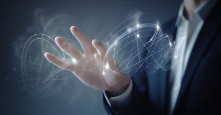 virtual cyberspace concept technology hand business graph network chart analysis. Generative AI.の素材