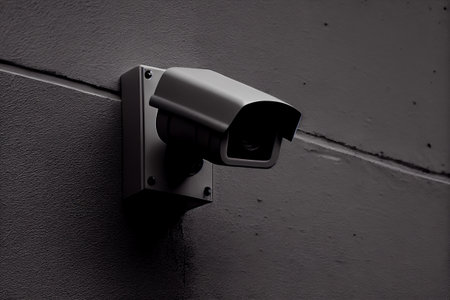 Surveillance camera on the facade of the building, public safety of the urban environment, technologies for surveillance. Generative AIの素材