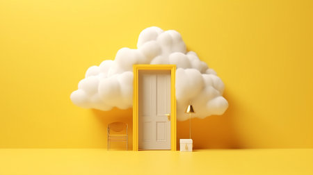 minimal yellow cloud room showcase pedestal stage abstract door cylinder. Generative AI.の素材