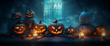 evil background night halloween blue pumpkin horror glowing mystery table fear. Generative AI.の素材