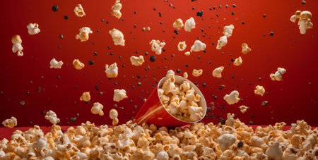 background cinema film red blue food bucket corn holiday popcorn box. Generative AI.の素材