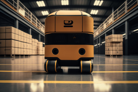 Robot delivery man in the warehouse with boxes, technology to simplify life and quality, sort parcels and valuable goods, inventory. Generative AIの素材