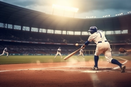 field man bat player team game baseball ball stadium athlete sport. Generative AI.の素材
