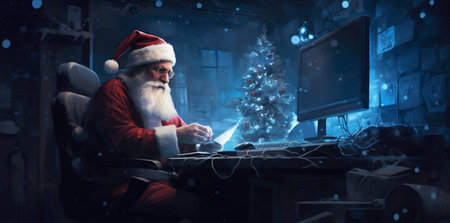 communication house christmas santa happy character laptop home family holiday. Generative AI.の素材