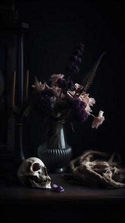 skeleton skull dark dead flower design death art halloween human. Generative AI.の素材