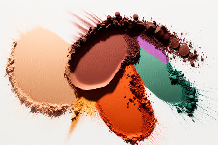 Cosmetic product broken colored eyeshadow palette, beauty eye shadow scattered on a white background. Generative AI.の素材