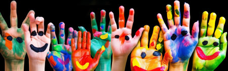concept artist smile colorful art child hand finger fun paint. Generative AI.の素材