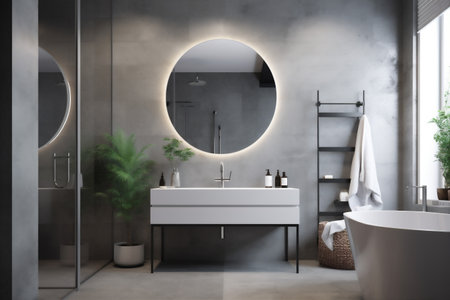 loft luxury gray home design concrete bathroom sink room interior mirror. Generative AI.の素材