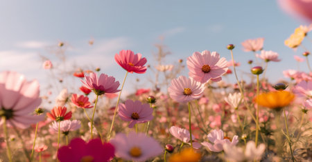 beautiful pink field bloom blooming nature sunset violet flower meadow background. Generative AI.の素材