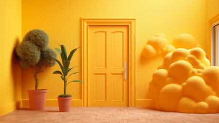 pedestal abstract room cylinder showcase yellow cloud stage door minimal. Generative AI.の素材