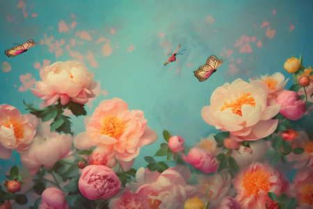 flying flower nature pink peony valentine falling art blue pastel. Generative AI.の素材