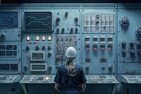 Electric plant, the central control panel reactor nuclear power plant, engineer in helmet at work back view. Generative AIの素材